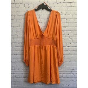 NWT Copper Key Orange Smocked Waist Long Sleeve Mini Dress V-Neck Size XL